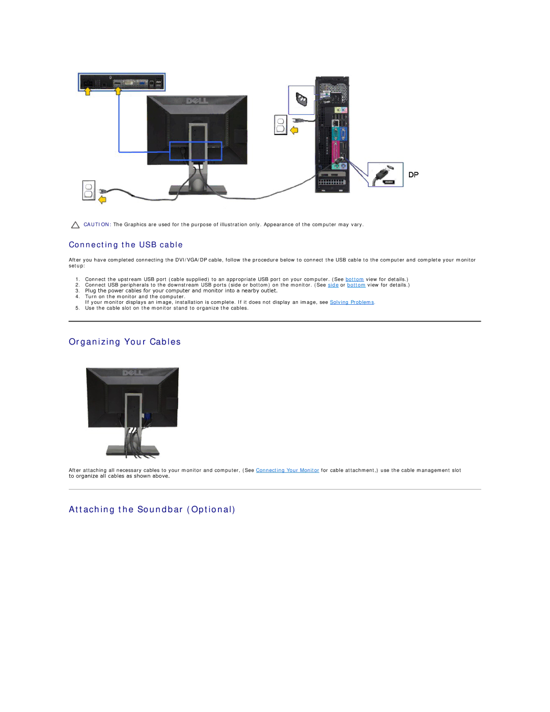 Dell U2211H appendix Organizing Your Cables, Attaching the Soundbar Optional, Connecting the USB cable 