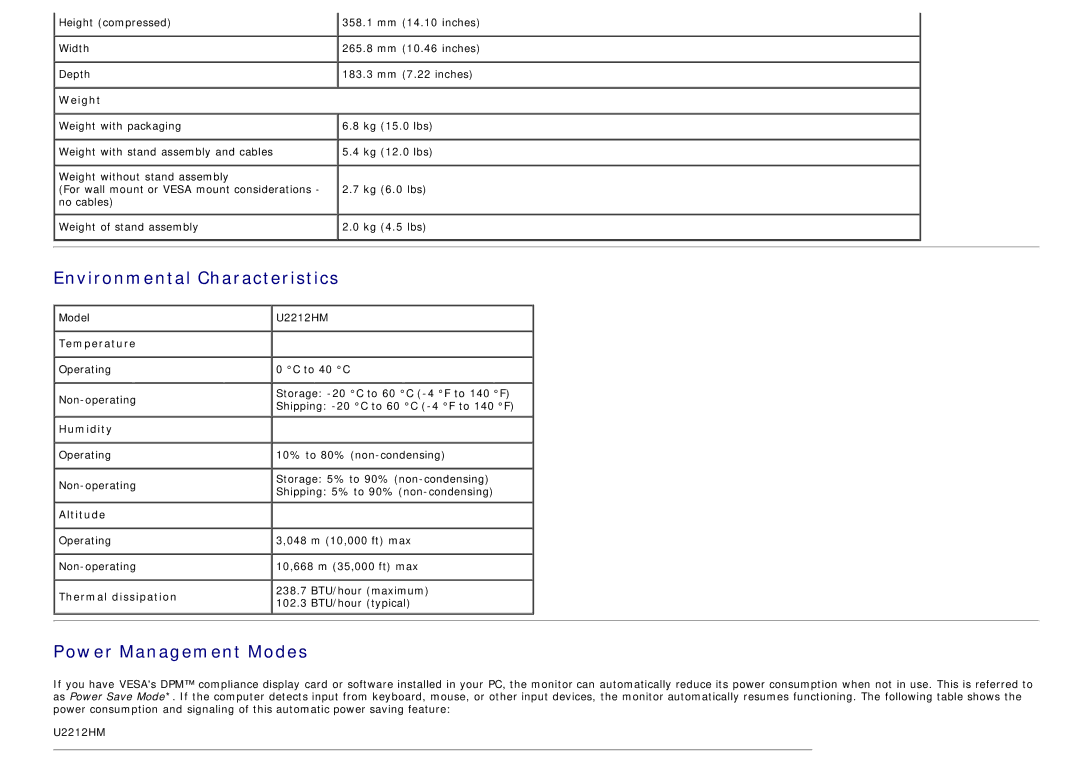 Dell U2212hm manual Environmental Characteristics, Power Management Modes 