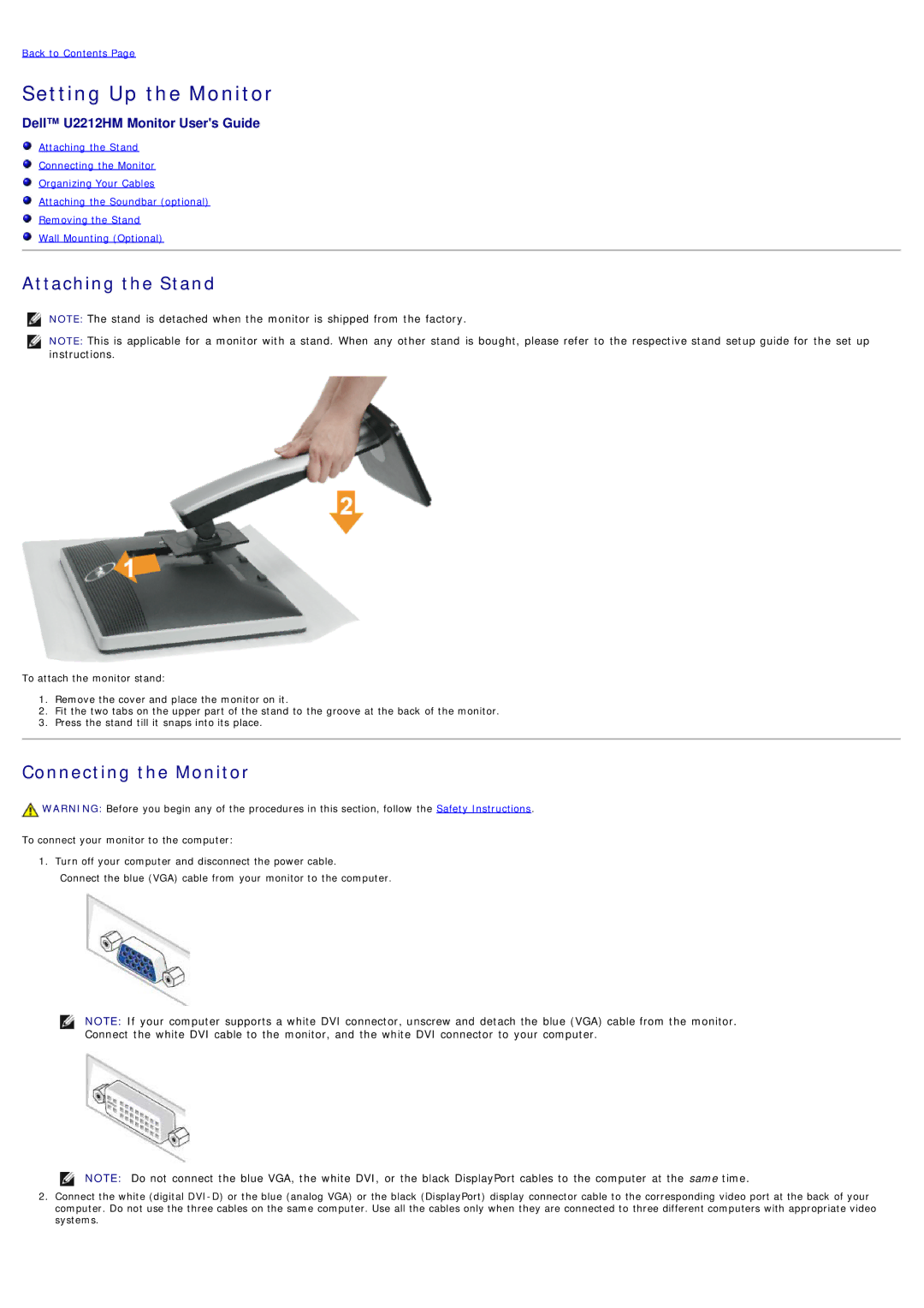 Dell U2212hm manual Attaching the Stand, Connecting the Monitor 