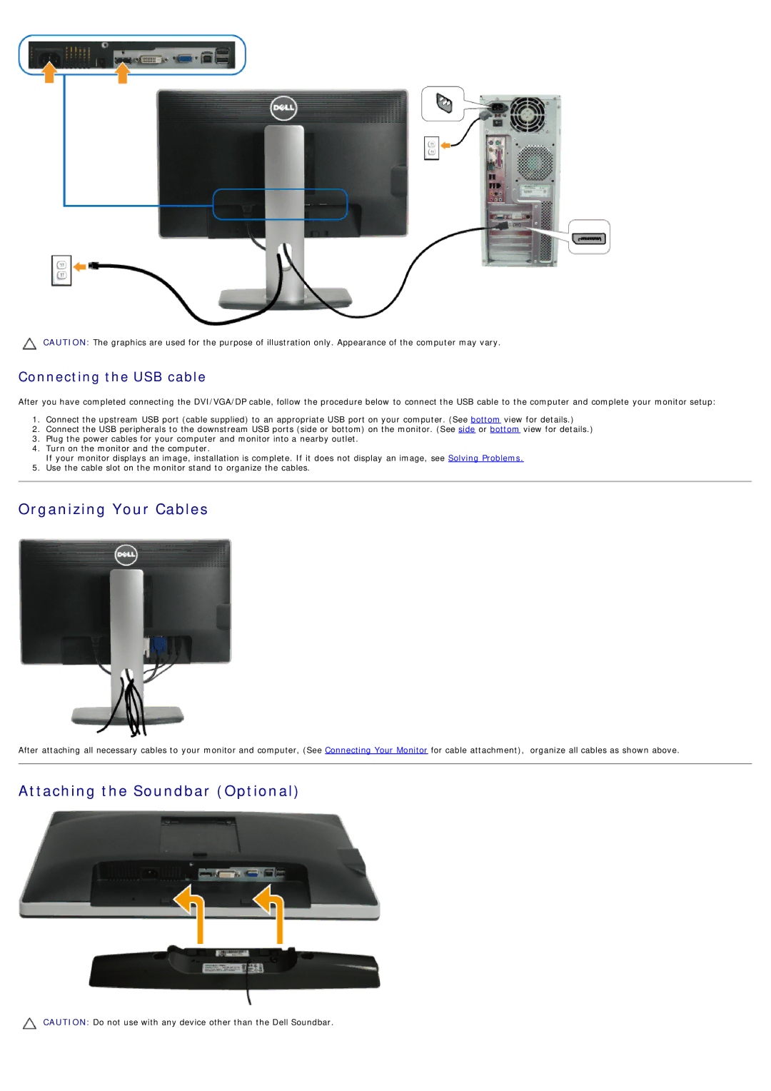 Dell U2212hm manual Organizing Your Cables, Attaching the Soundbar Optional 