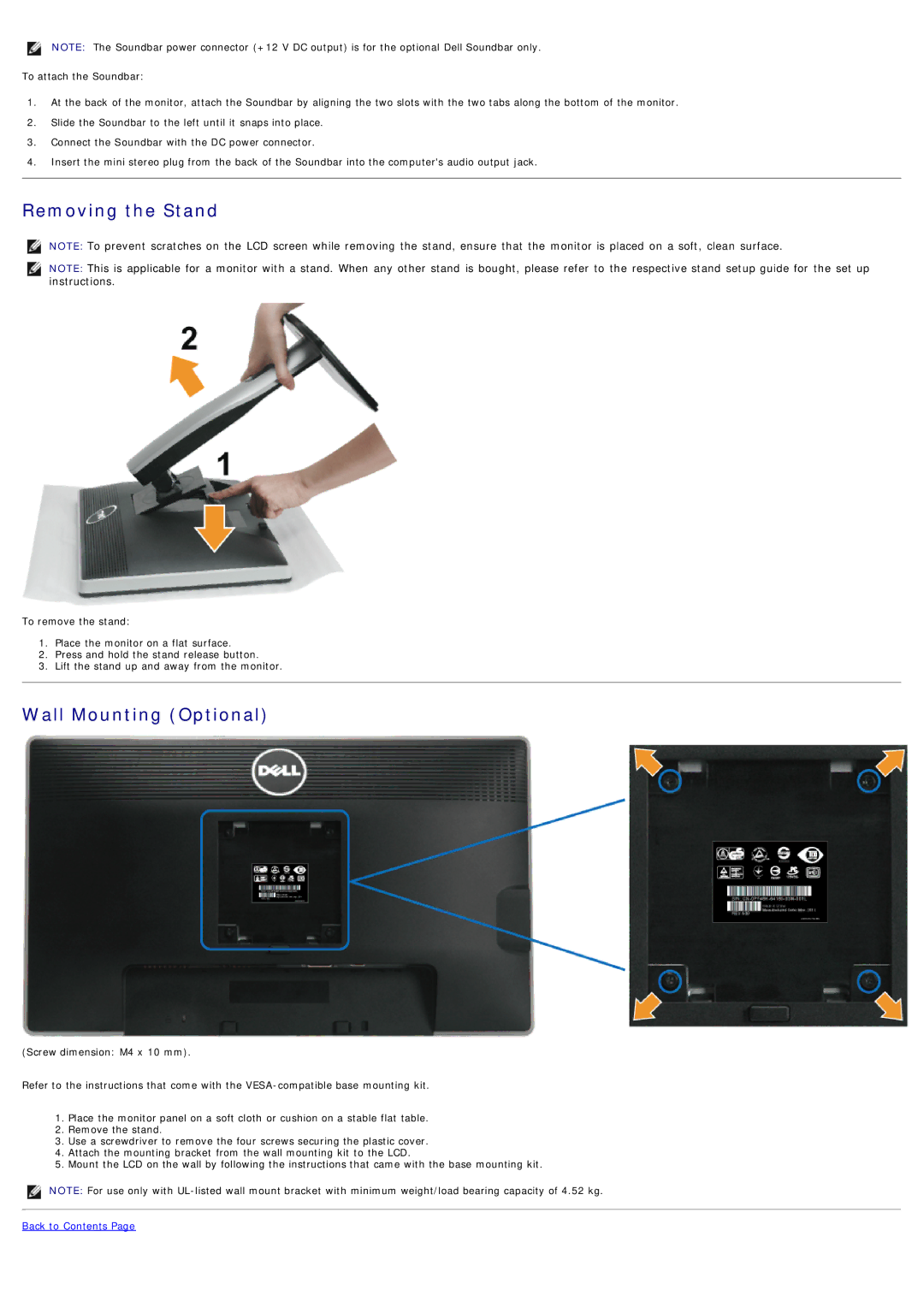 Dell U2212hm manual Removing the Stand, Wall Mounting Optional 