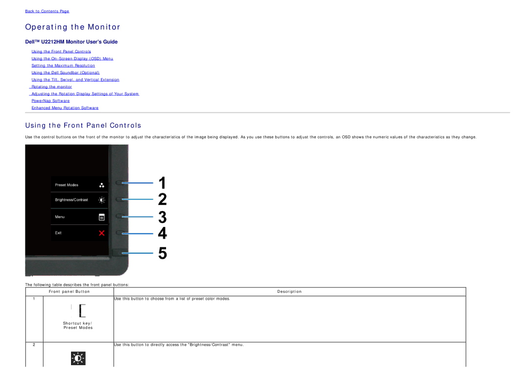 Dell U2212hm manual Operating the Monitor, Using the Front Panel Controls 