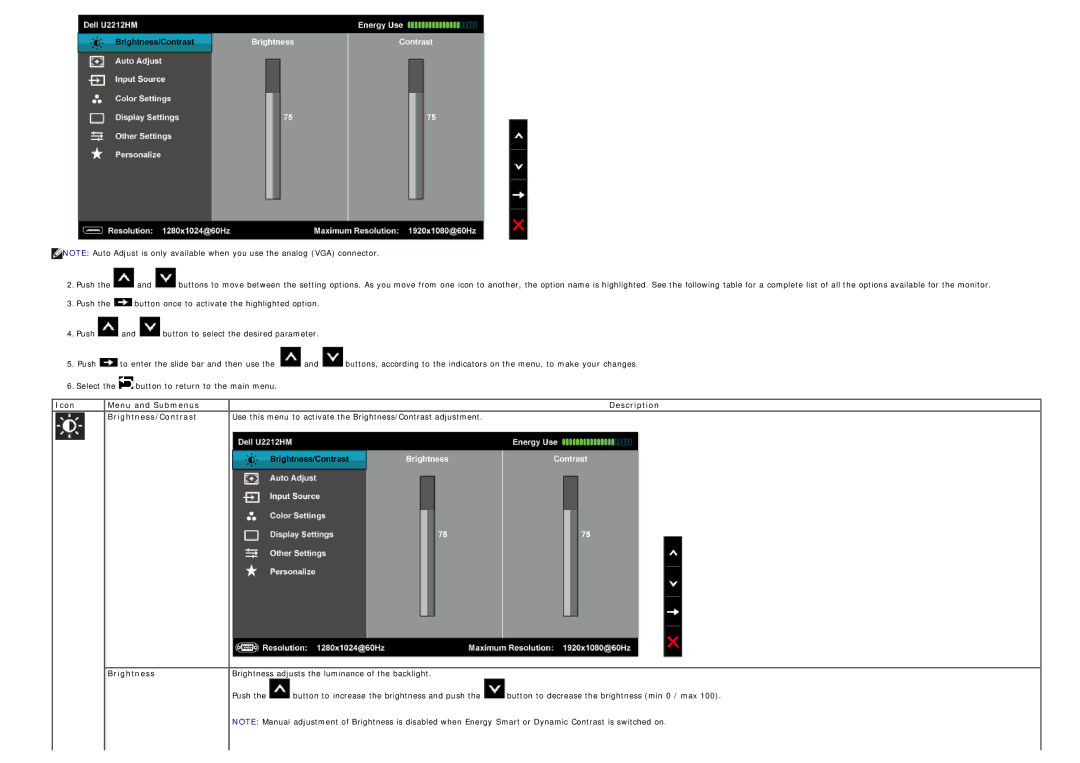 Dell U2212hm manual Icon Menu and Submenus 