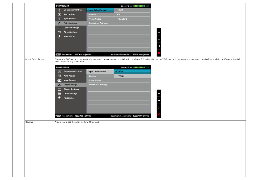 Dell U2212hm manual Input Color Format, Gamma Allows you to set the color mode to PC or MAC 