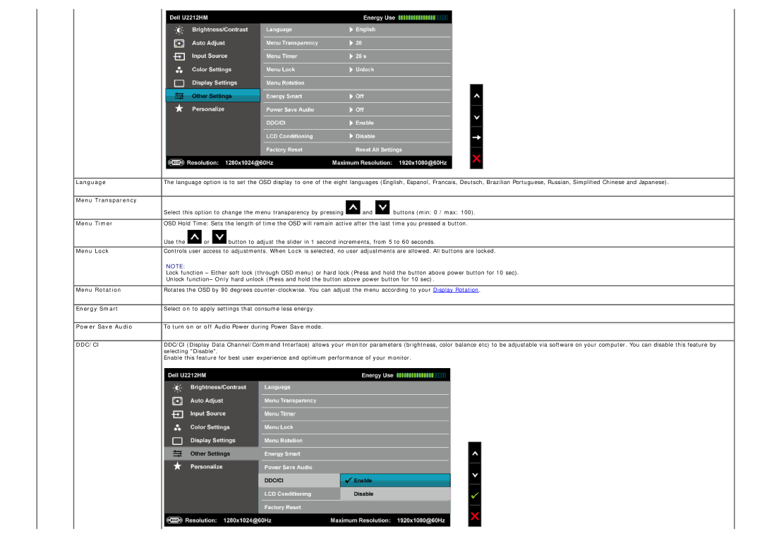 Dell U2212hm manual Language, Menu Transparency, Menu Timer, Menu Lock, Menu Rotation, Energy Smart, Power Save Audio 