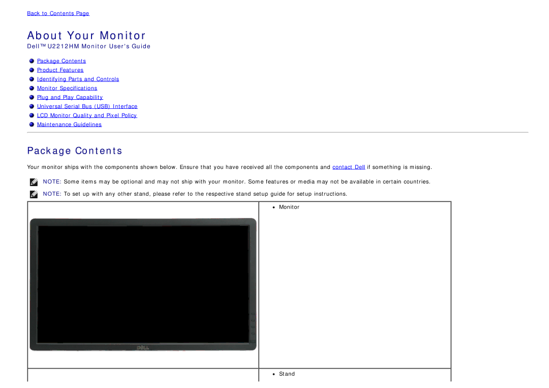 Dell U2212hm manual About Your Monitor 