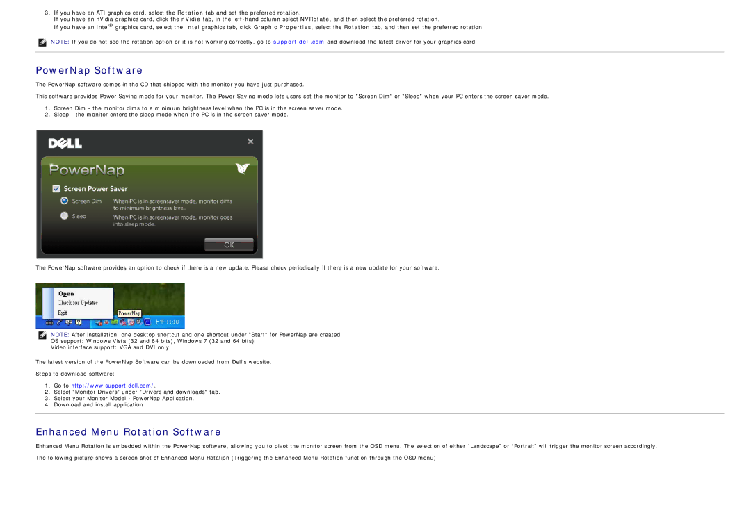 Dell U2212hm manual PowerNap Software, Enhanced Menu Rotation Software 