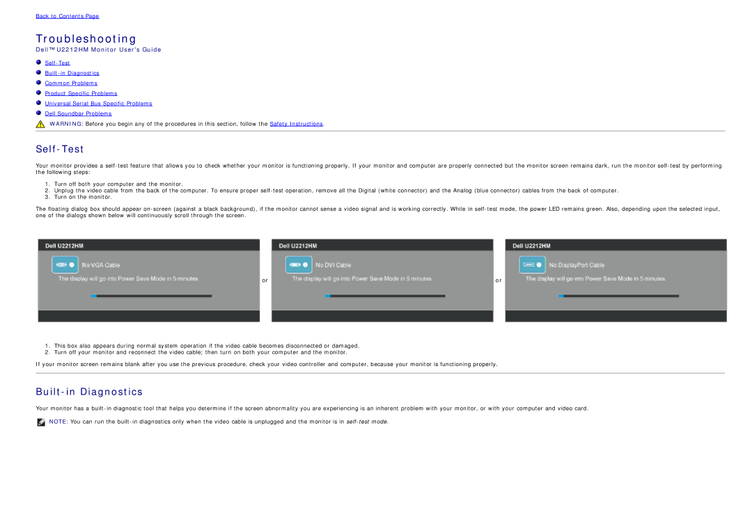 Dell U2212hm manual Self-Test, Built-in Diagnostics 