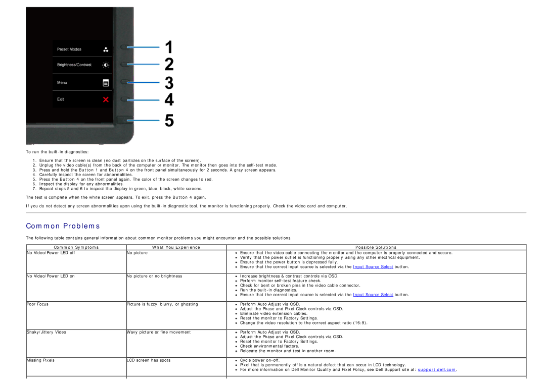 Dell U2212hm manual Common Problems, Common Symptoms What You Experience Possible Solutions 