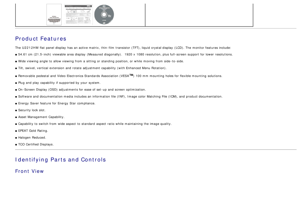 Dell U2212hm manual Product Features, Front View 