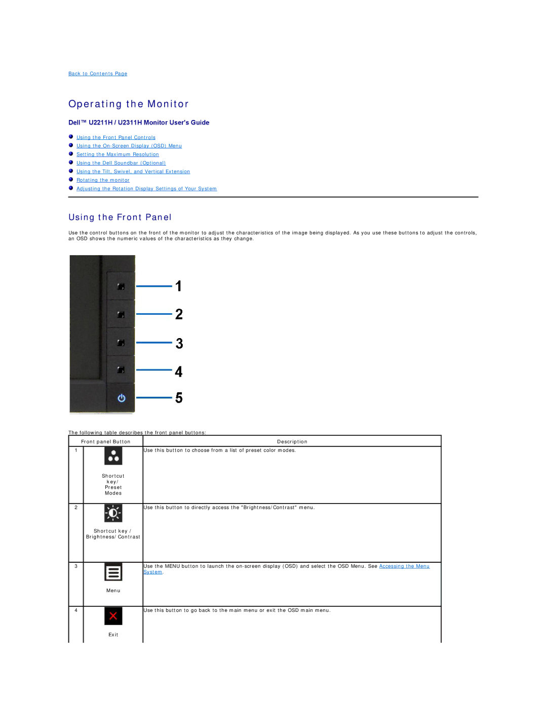 Dell U2311H, U2211H Operating the Monitor, Using the Front Panel, Front panel Button Shortcut Key Preset Modes Description 