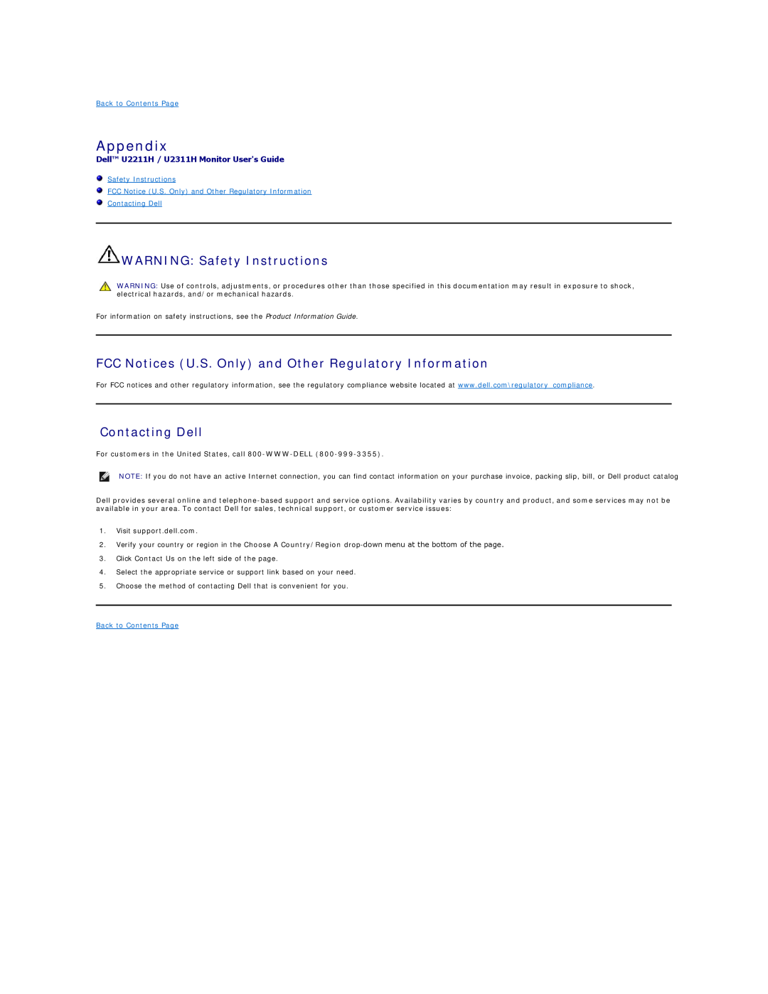 Dell U2211H Appendix, WARNING Safety Instructions, FCC Notices U.S. Only and Other Regulatory Information, Contacting Dell 