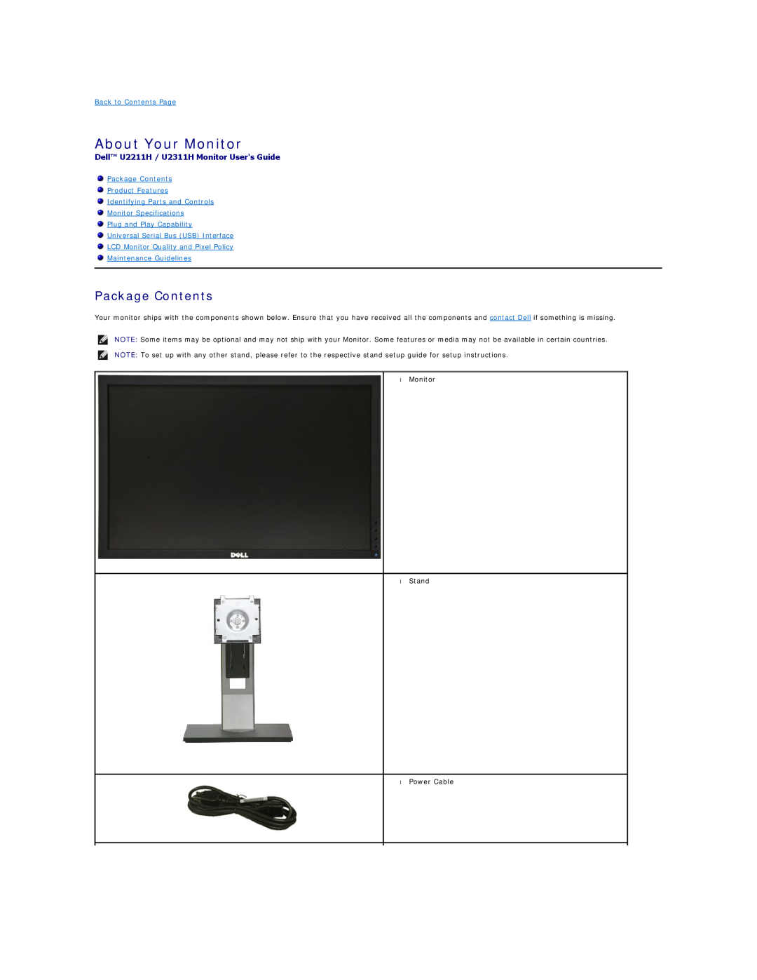 Dell appendix About Your Monitor, Package Contents, Dell U2211H / U2311H Monitor Users Guide, Back to Contents Page 