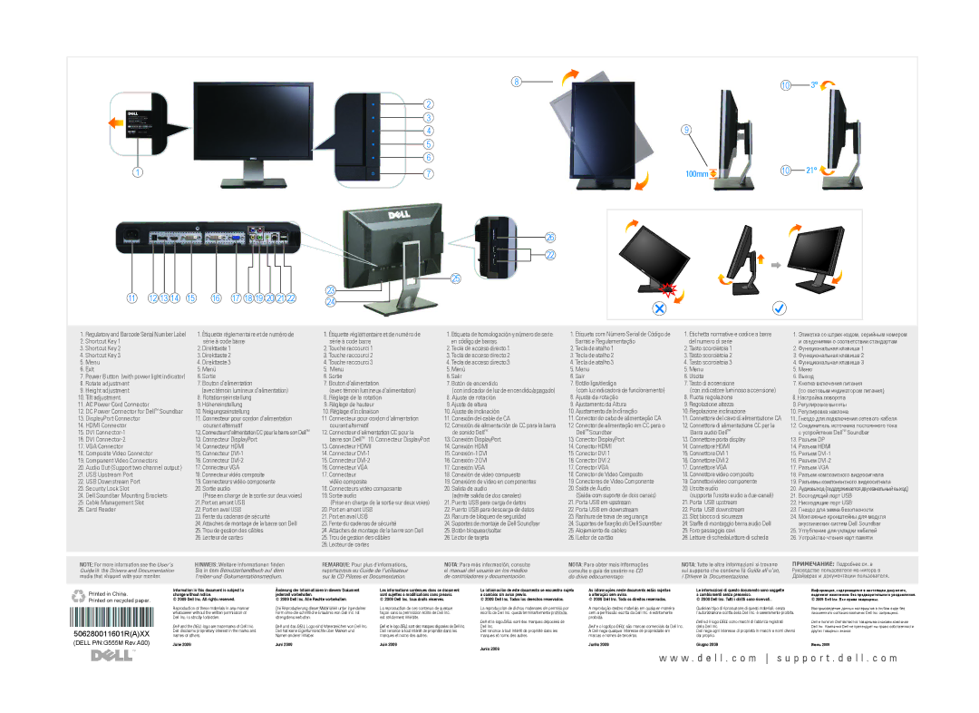 Dell U2410 Étiquette réglementaire et de numéro de, Shortcut Key, Com luz indicadora de funcionamento, Hdmi Connector 