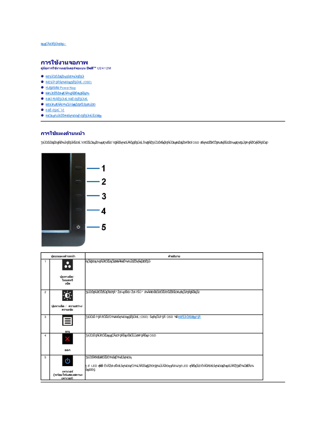 Dell U2412M manual การใช้งานจอภาพ, การใช้แผงด้านหน้า 