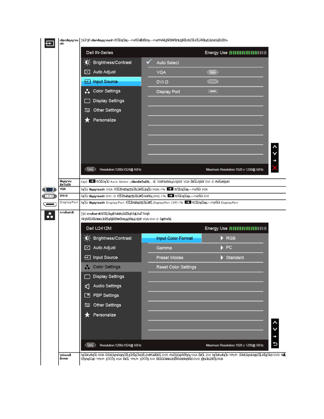 Dell U2412M manual เลือกสัญญาณ เข้า, อัตโนมัติ, การตั งค่าสี, รูปแบบสี อินพุต 