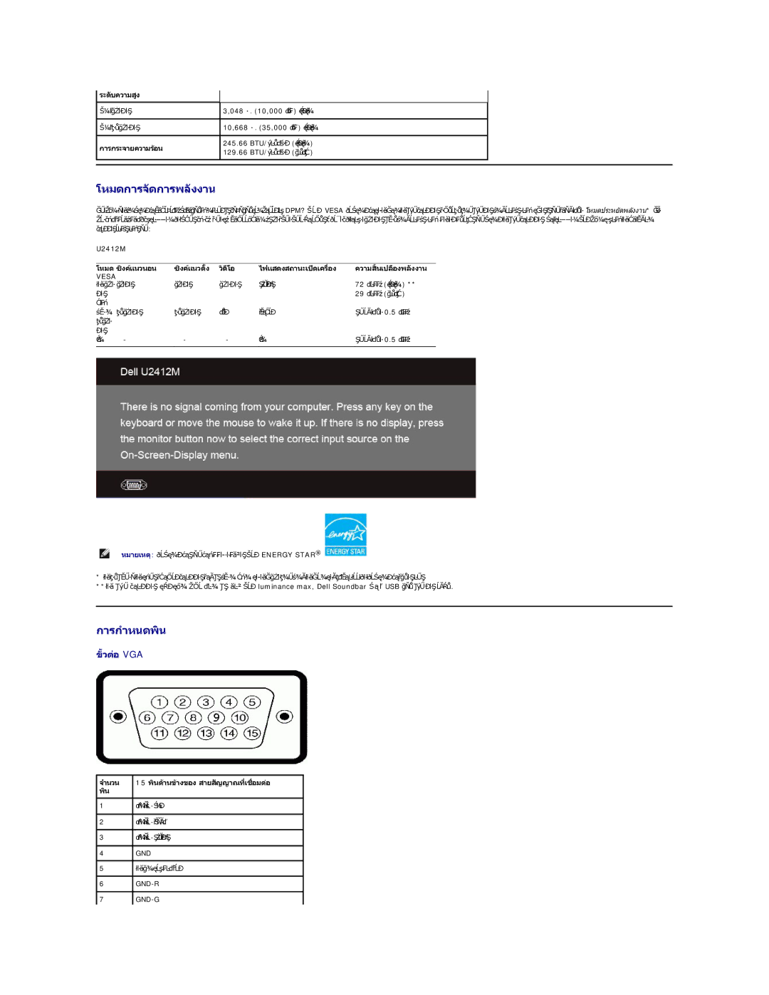 Dell U2412M manual โหมดการจัดการพลังงาน, การกําหนดพิน, ระดับความสูง, การกระจายความร้อน 