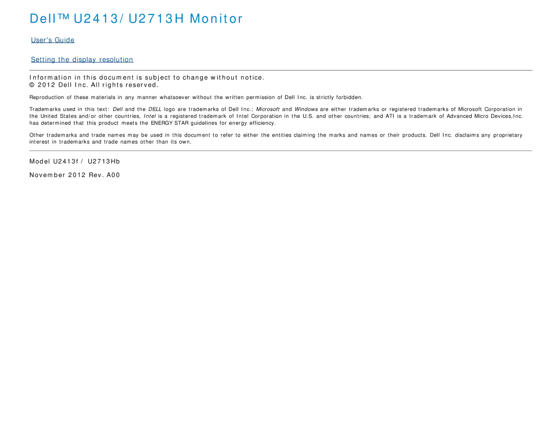 Dell manual Dell U2413/U2713H Monitor 