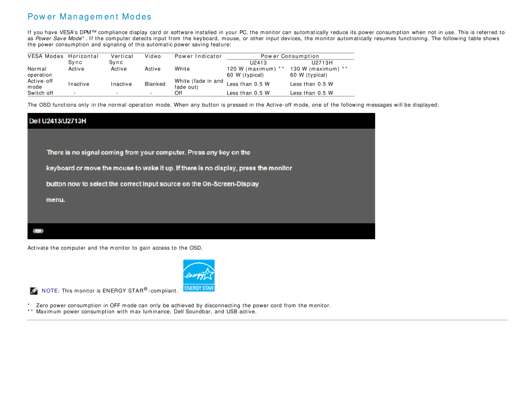 Dell U2413 manual Power Management Modes 