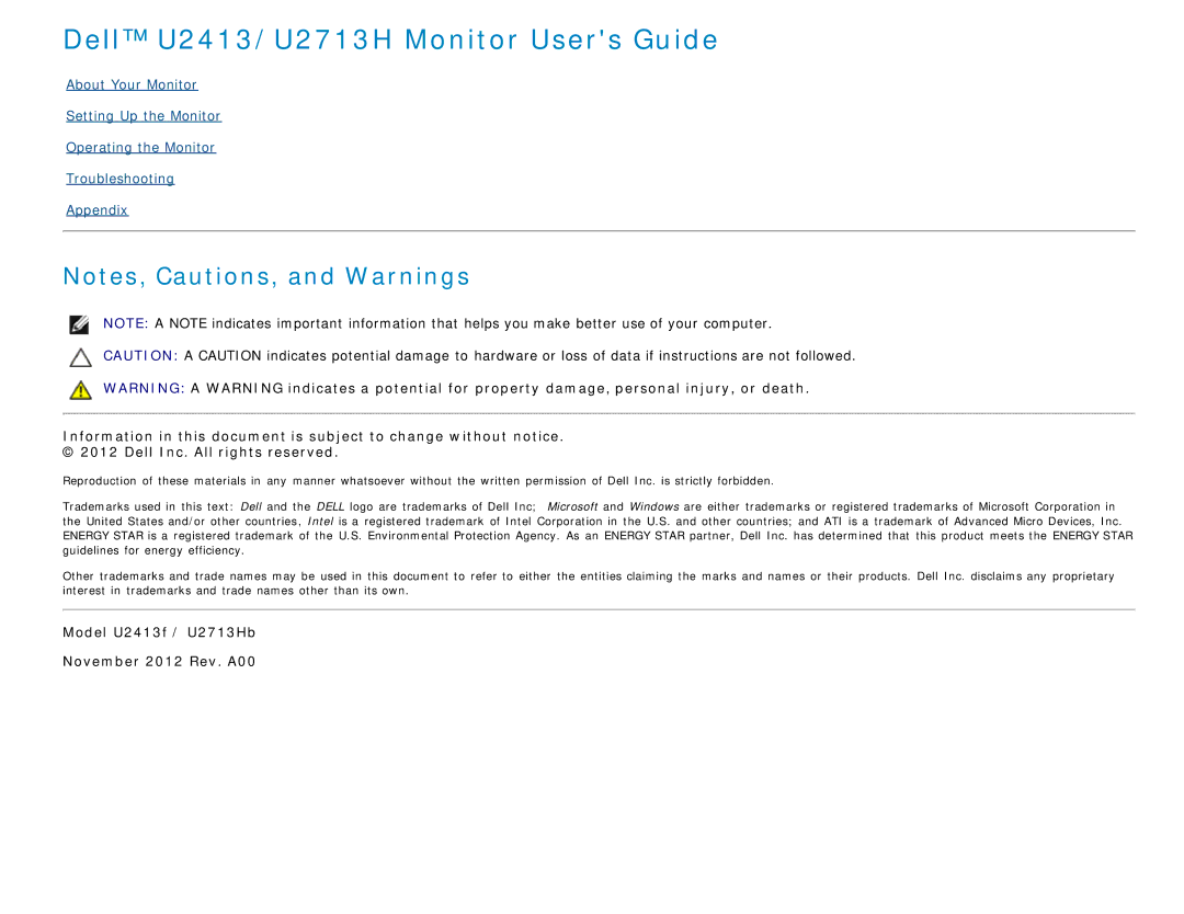 Dell manual Dell U2413/U2713H Monitor Users Guide 