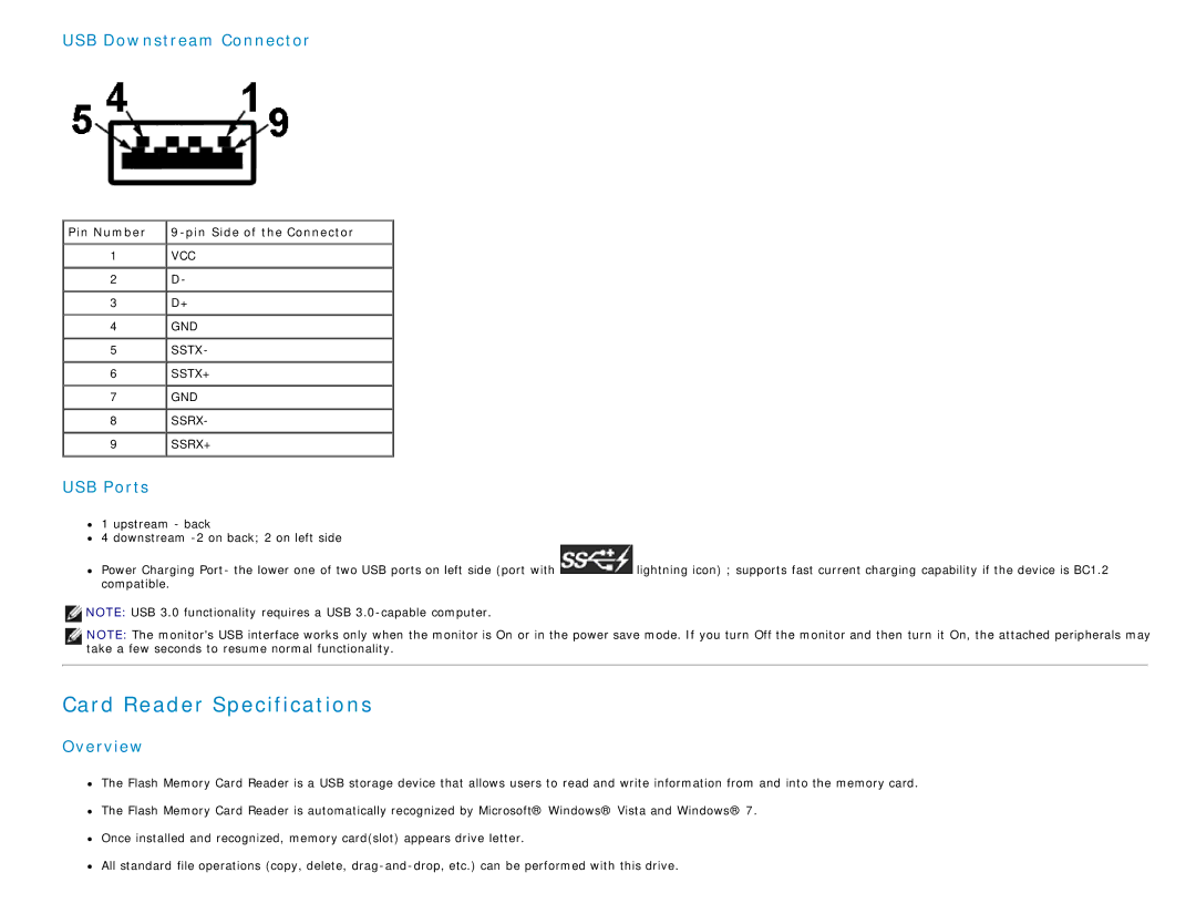 Dell U2413 manual Card Reader Specifications, Pin Number Pin Side of the Connector 