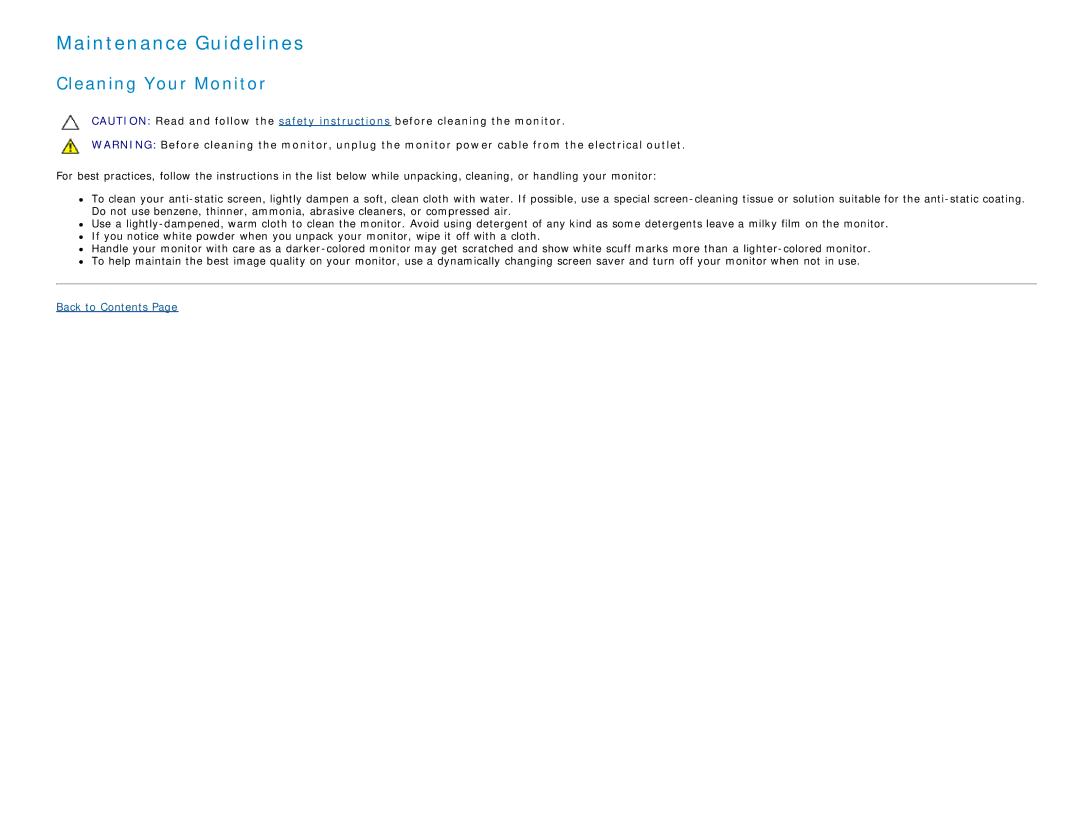 Dell U2413 manual Maintenance Guidelines, Cleaning Your Monitor 