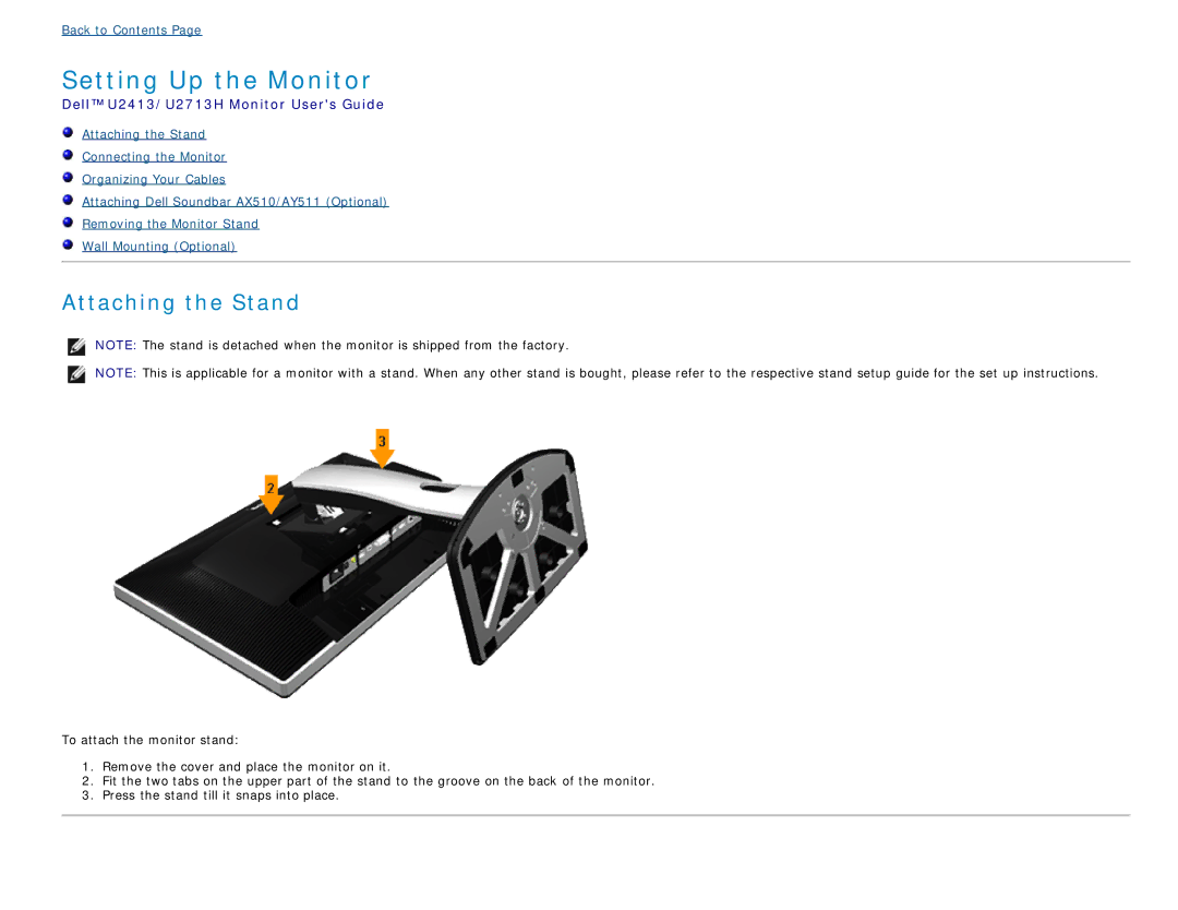 Dell U2413 manual Setting Up the Monitor, Attaching the Stand 