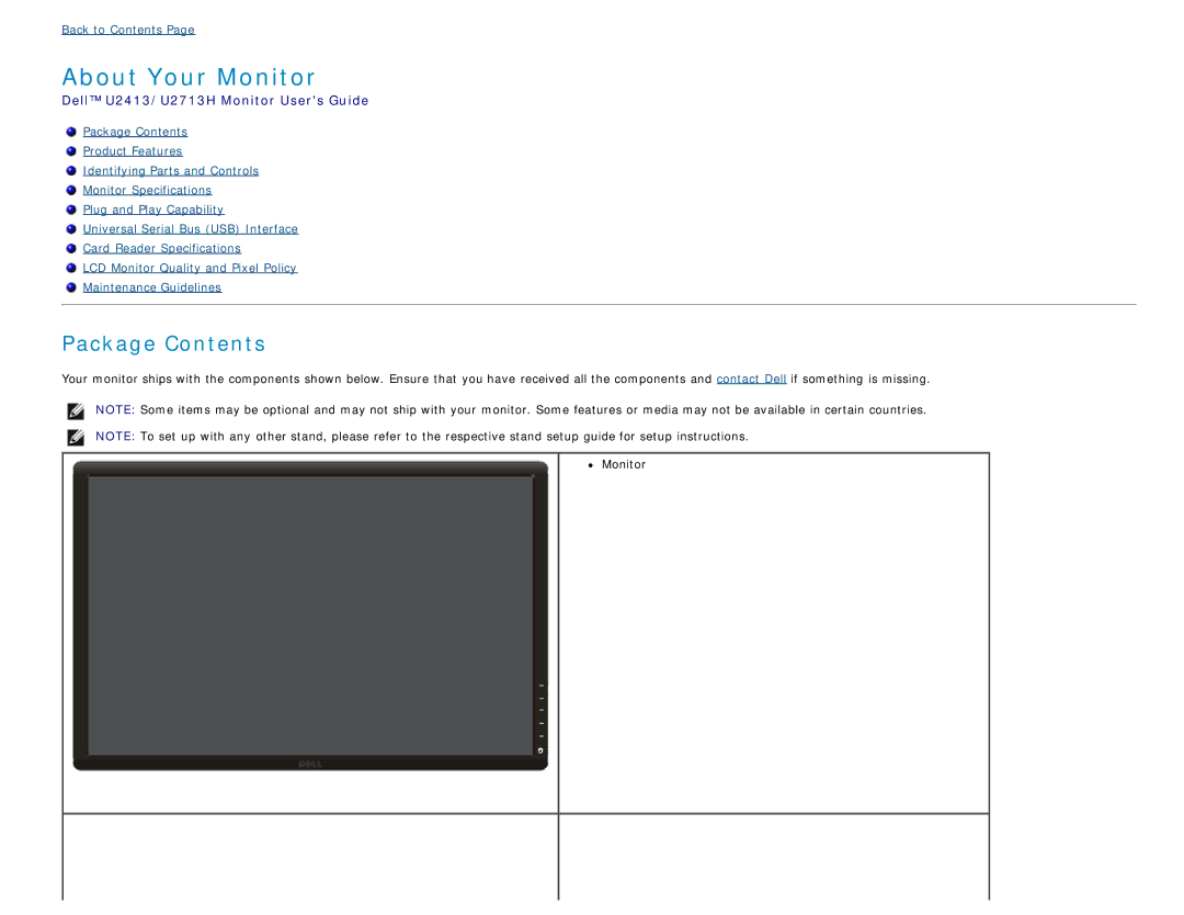 Dell U2413 manual About Your Monitor, Package Contents 