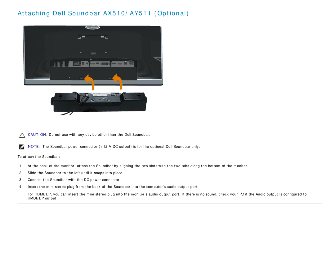 Dell U2413 manual Attaching Dell Soundbar AX510/AY511 Optional 