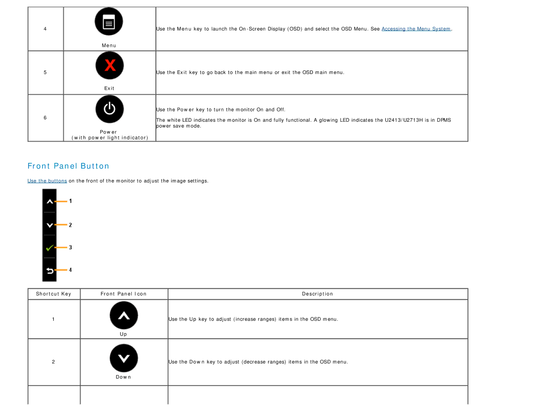 Dell U2413 manual Menu, Use the Power key to turn the monitor On and Off, Power save mode, With power light indicator 