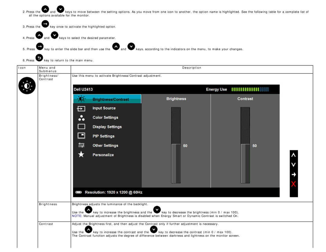 Dell U2413 manual Icon Menu, Submenus, Contrast Brightness 