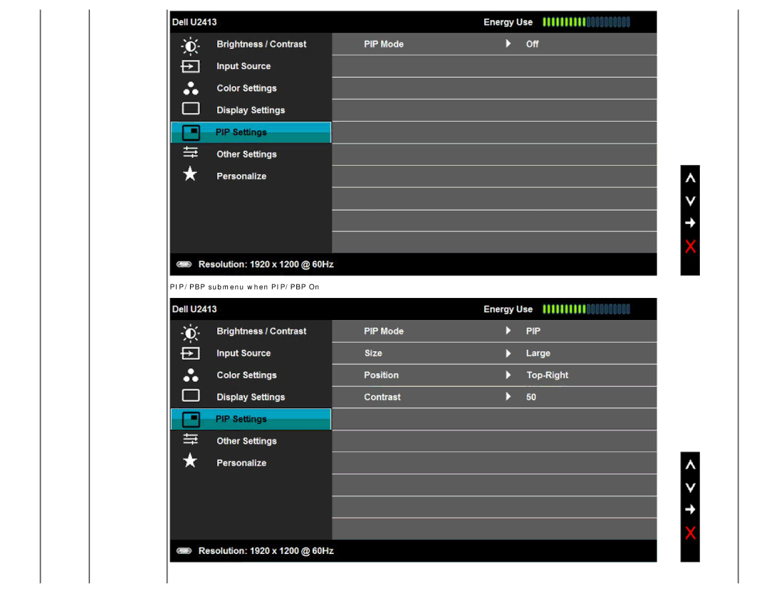 Dell U2413 manual PIP/PBP submenu when PIP/PBP On 