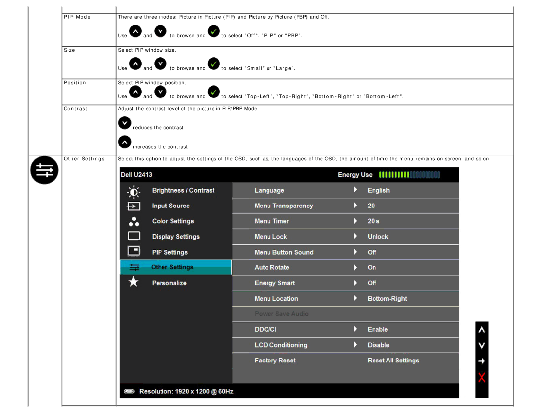 Dell U2413 manual PIP Mode, Size, Position, Other Settings 