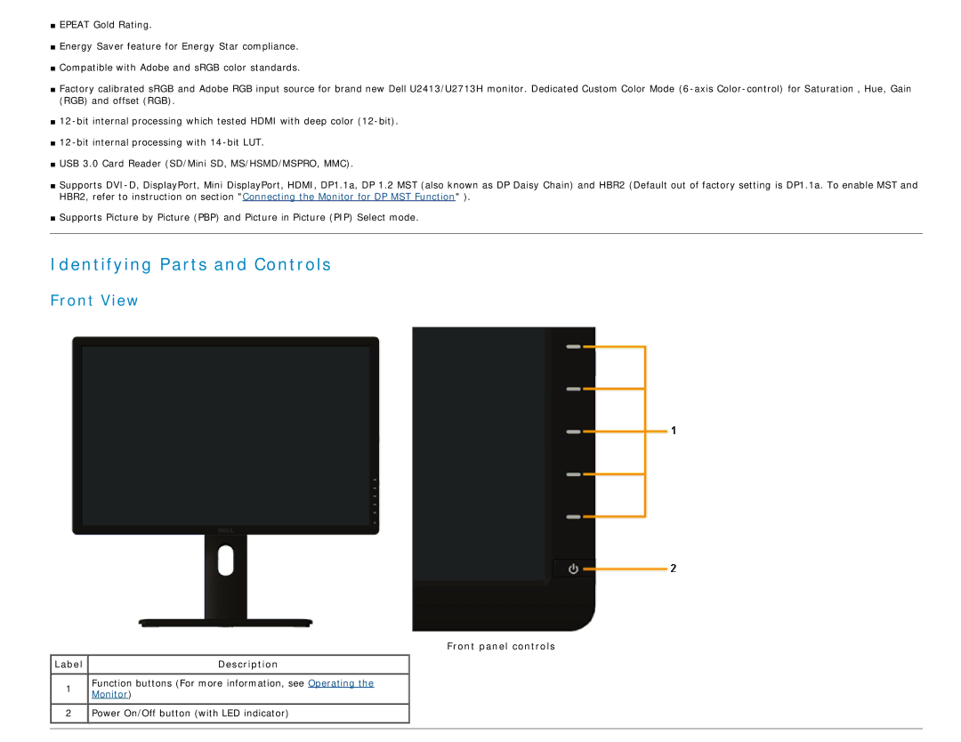 Dell U2413 manual Identifying Parts and Controls, Front View, Front panel controls Label Description 