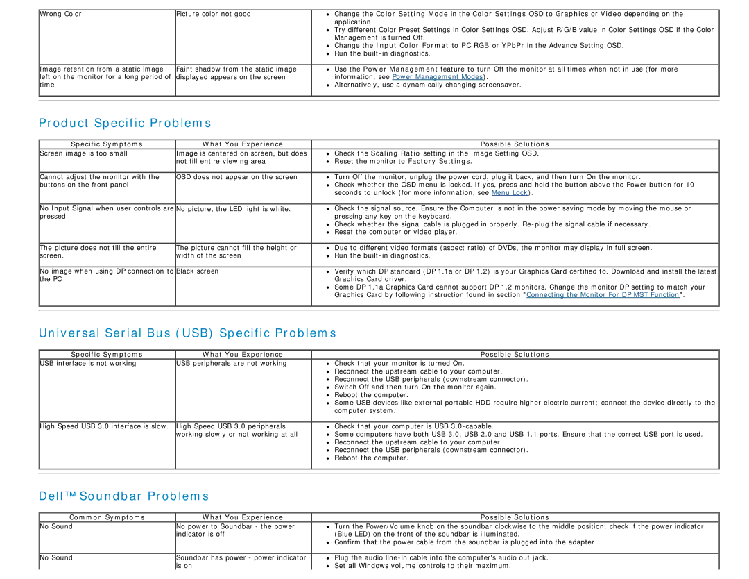 Dell U2413 manual Product Specific Problems, Universal Serial Bus USB Specific Problems, Dell Soundbar Problems 