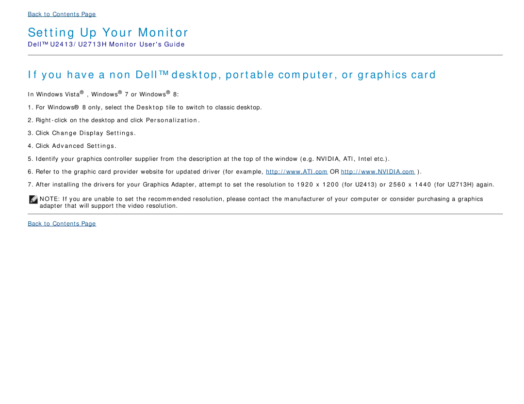 Dell U2413 manual Click Change Display Settings Click Advanced Settings 