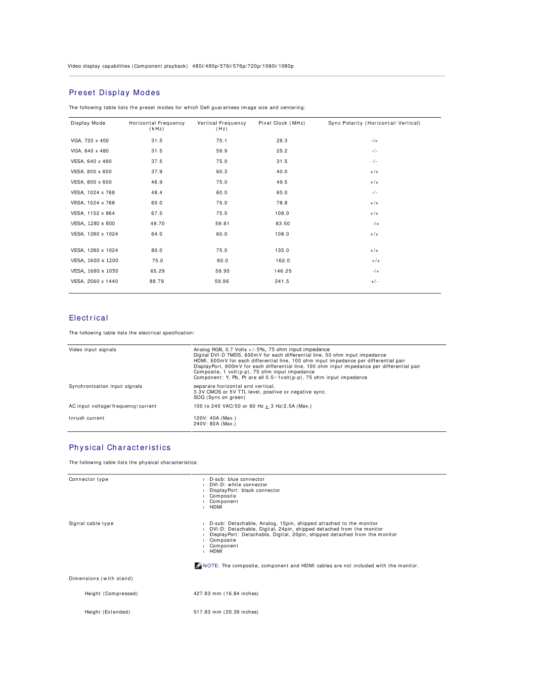 Dell U2711 appendix Preset Display Modes, Electrical, Physical Characteristics 