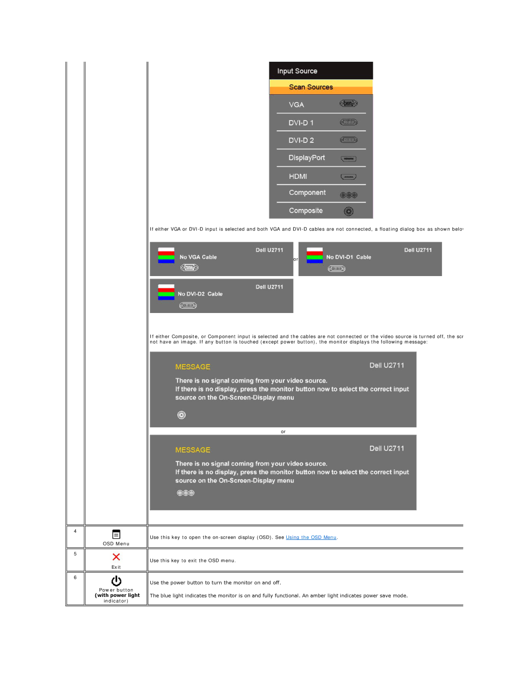 Dell U2711 appendix OSD Menu Exit Power button with power light indicator 