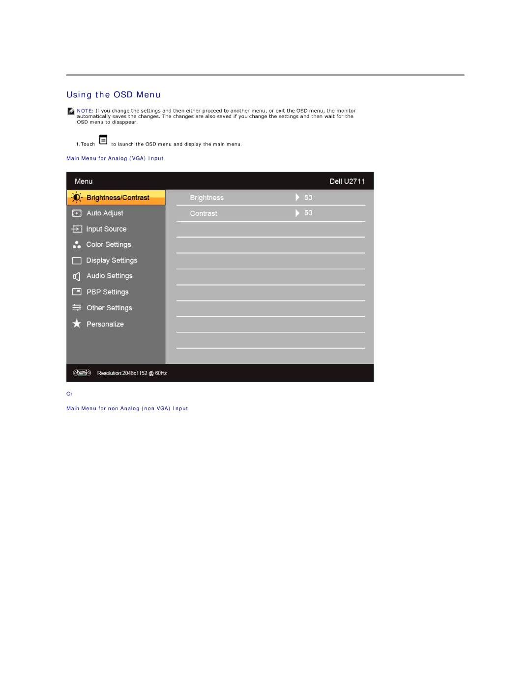 Dell U2711 appendix Using the OSD Menu 