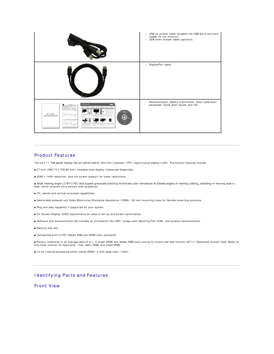 Dell U2711 appendix Product Features, Identifying Parts and Features Front View 