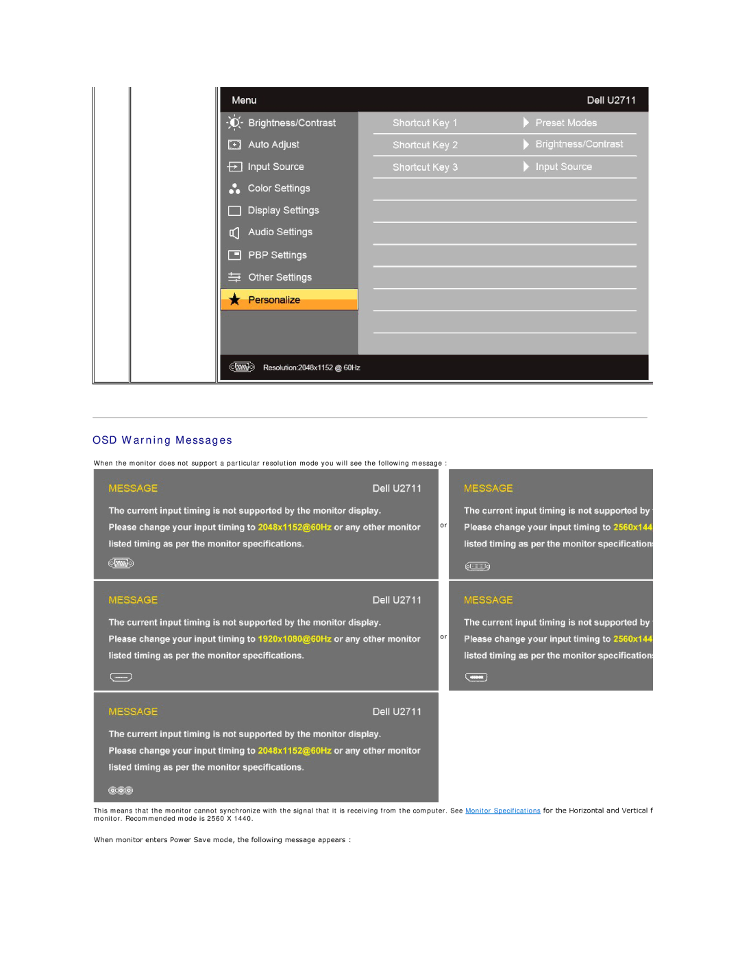 Dell U2711 appendix OSD Warning Messages 