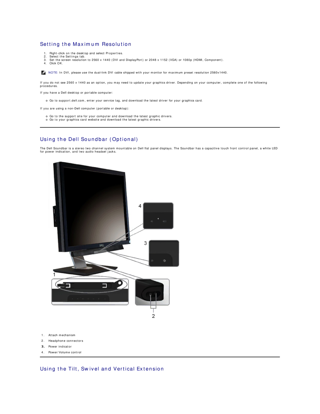 Dell U2711 Setting the Maximum Resolution, Using the Dell Soundbar Optional, Using the Tilt, Swivel and Vertical Extension 