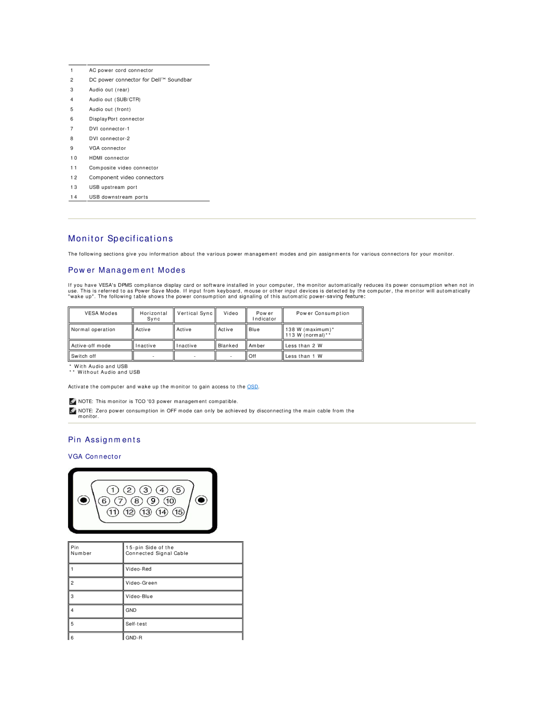 Dell U2711 Monitor Specifications, Power Management Modes, Pin Assignments, With Audio and USB Without Audio and USB 