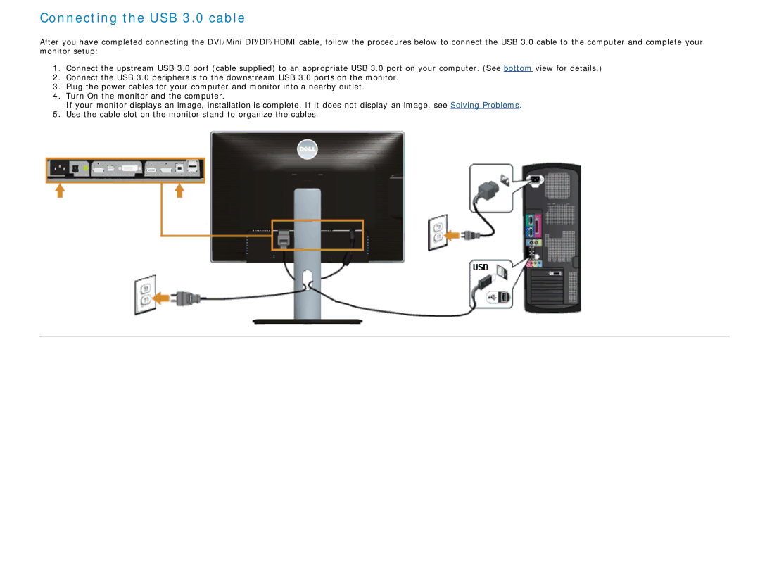 Dell U2713H, U2413 manual Connecting the USB 3.0 cable 