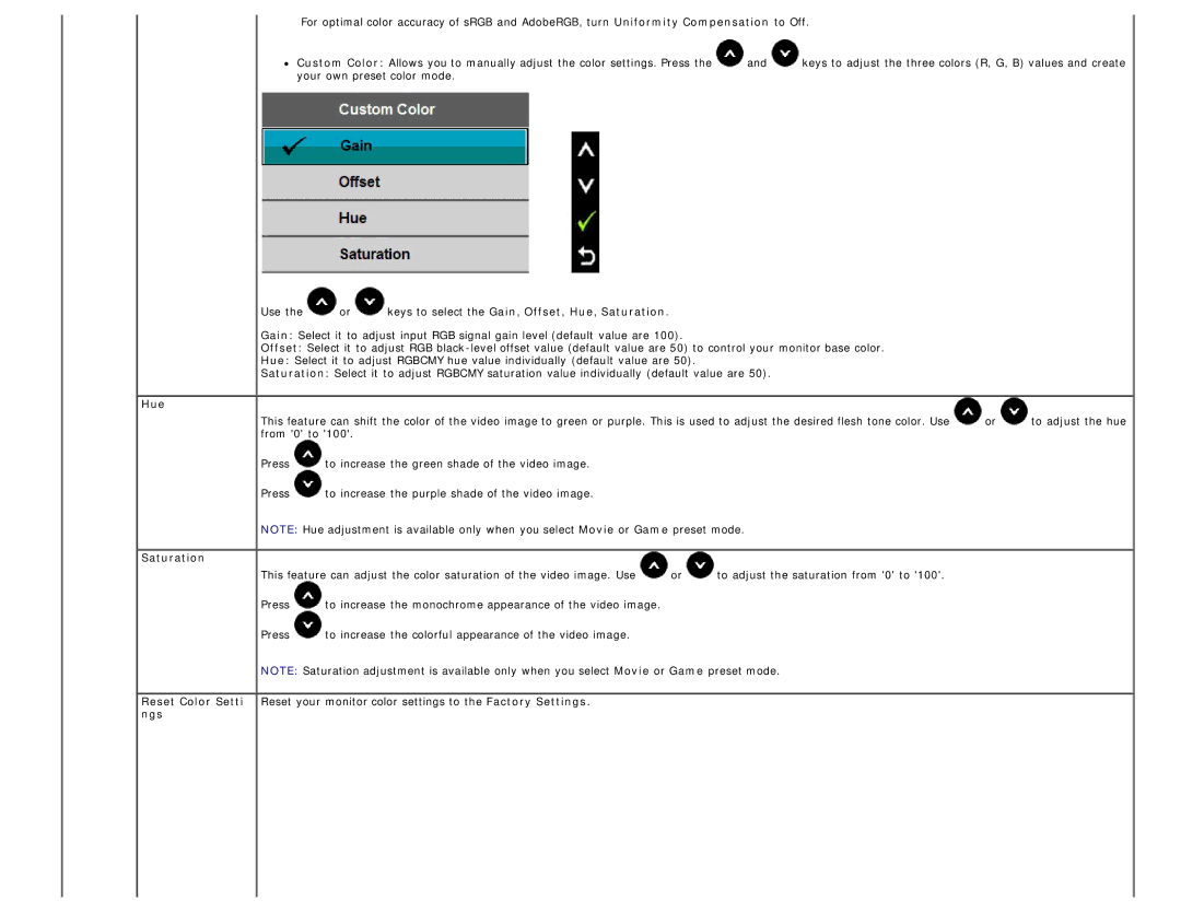 Dell U2713H, U2413 manual Hue, Saturation 