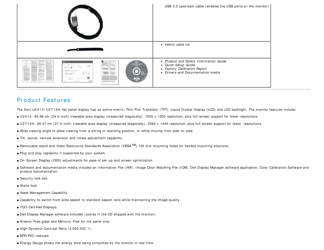 Dell U2413, U2713H manual Product Features 