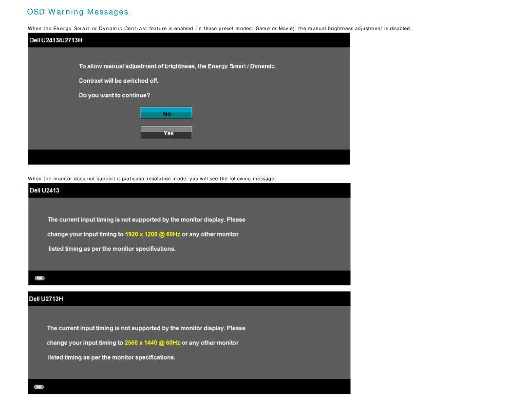 Dell U2413, U2713H manual OSD Warning Messages 