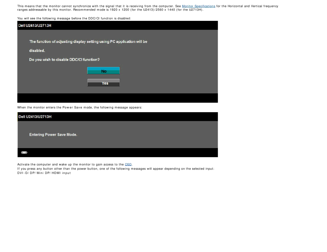 Dell U2713H, U2413 manual DVI-D/DP/Mini DP/HDMI input 