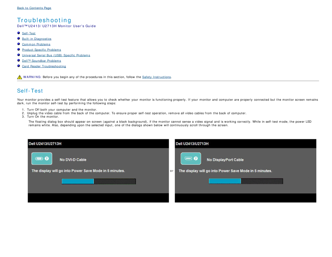 Dell U2713H, U2413 manual Troubleshooting, Self-Test 