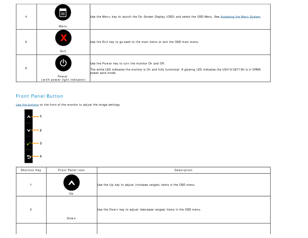 Dell U2713H manual Menu, Use the Power key to turn the monitor On and Off, Power save mode, With power light indicator 